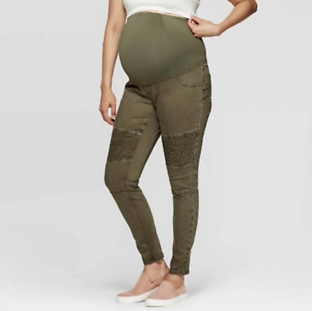 Isabel Maternity Olive Green Jegging Crossover Panel Tapered Moto Pants SZ 16